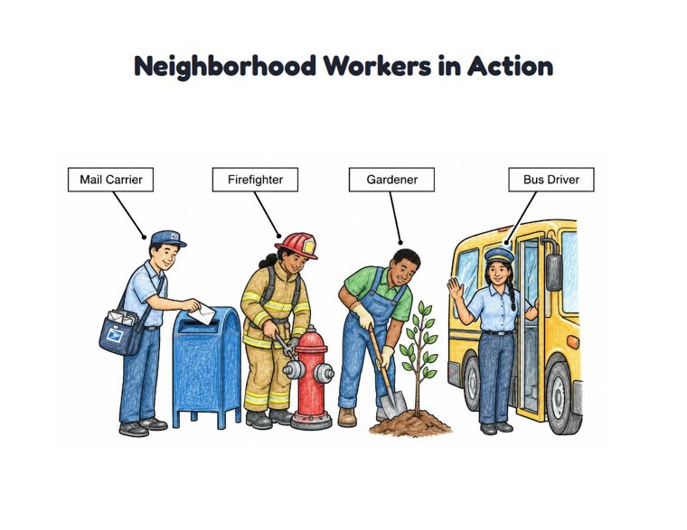Neighborhood Workers in Action worksheet (Medium, Grades 1–2)