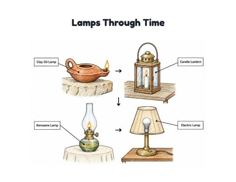 Lamps Through Time worksheet (Hard, Grades 3–4)