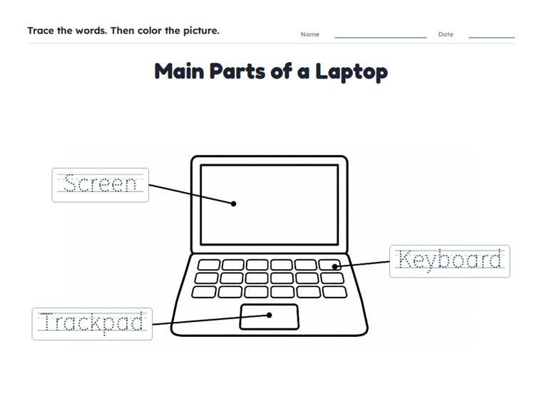 Main Parts of a Laptop worksheet (Easy, Pre-K–K)