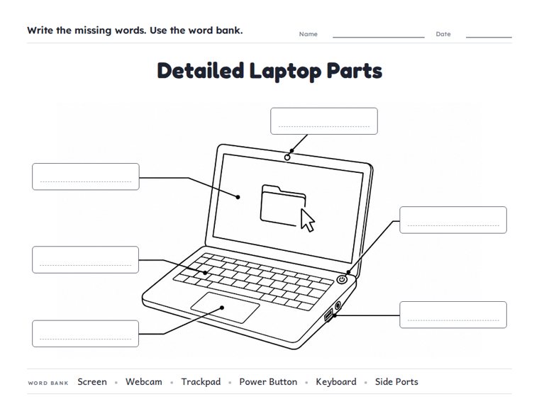 Detailed Laptop Parts worksheet (Hard, Grades 3–4)