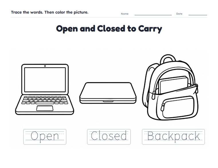 Open and Closed to Carry worksheet (Easy, Pre-K–K)