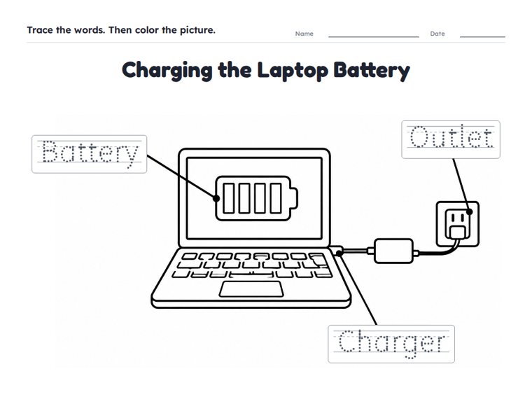 Charging the Laptop Battery worksheet (Easy, Pre-K–K)