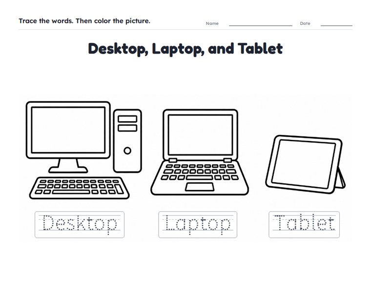 Desktop, Laptop, and Tablet worksheet (Easy, Pre-K–K)