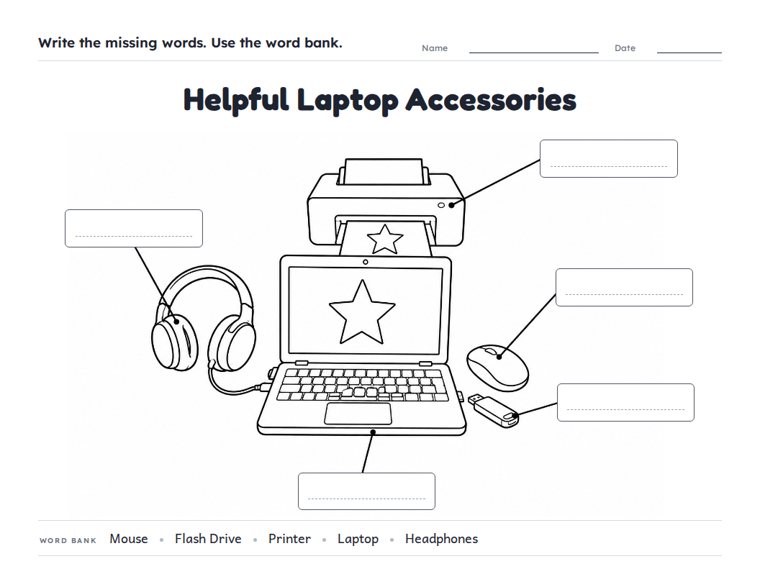 Helpful Laptop Accessories worksheet (Medium, Grades 1–2)
