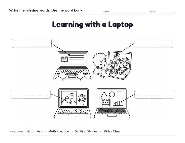 Learning with a Laptop worksheet (Hard, Grades 3–4)