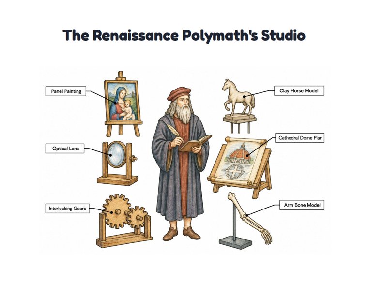 The Renaissance Polymath's Studio worksheet (Hard, Grades 3–4)