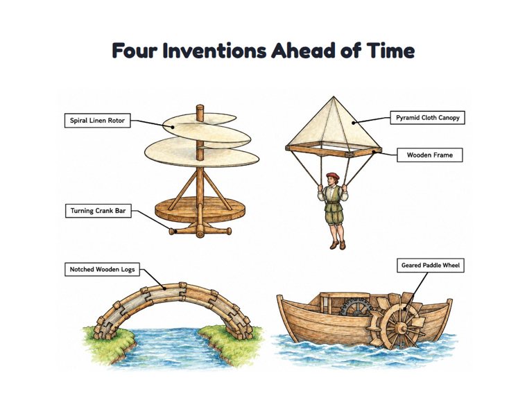 Four Inventions Ahead of Time worksheet (Hard, Grades 3–4)