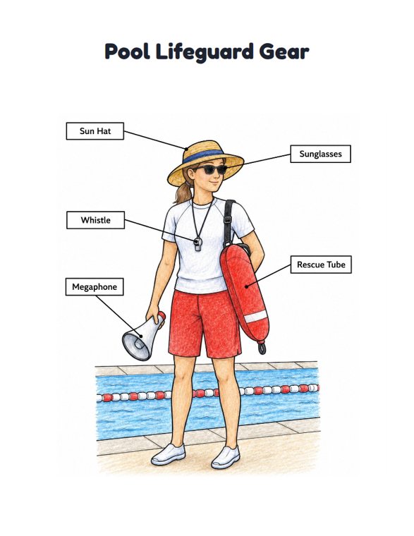 Pool Lifeguard Gear worksheet (Medium, Grades 1–2)