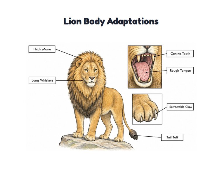 Lion Body Adaptations worksheet (Hard, Grades 3–4)
