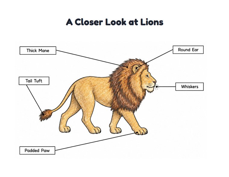 A Closer Look at Lions worksheet (Medium, Grades 1–2)