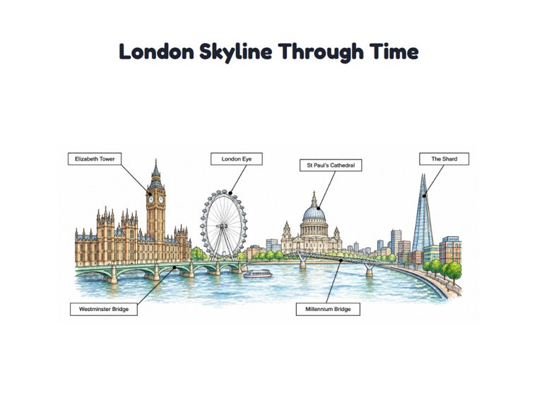 London Skyline Through Time worksheet (Hard, Grades 3–4)