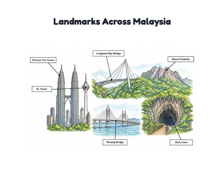 Landmarks Across Malaysia worksheet (Hard, Grades 3–4)