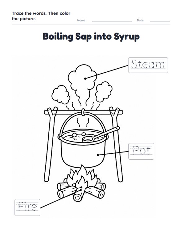 Boiling Sap into Syrup worksheet (Easy, Pre-K–K)
