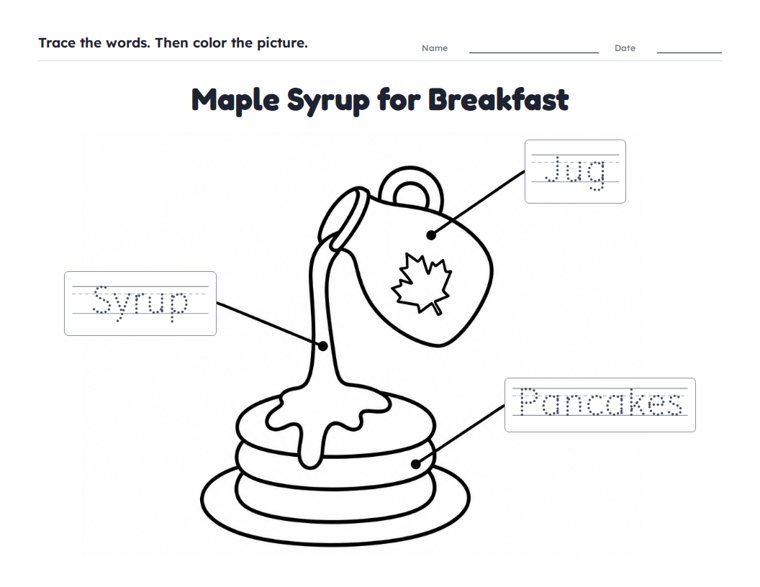Maple Syrup for Breakfast worksheet (Easy, Pre-K–K)