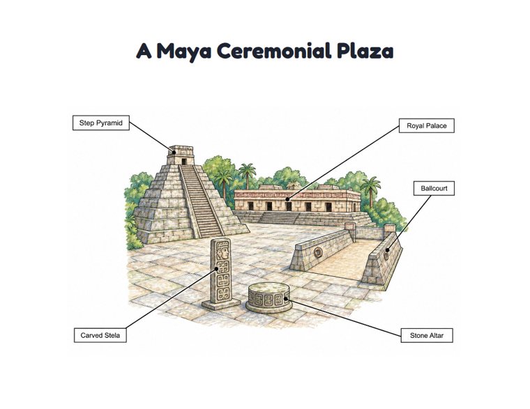 A Maya Ceremonial Plaza worksheet (Hard, Grades 3–4)