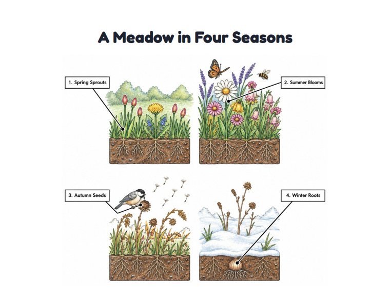 A Meadow in Four Seasons worksheet (Hard, Grades 3–4)