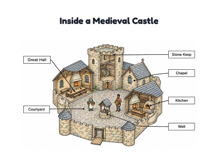 Inside a Medieval Castle worksheet (Hard, Grades 3–4)