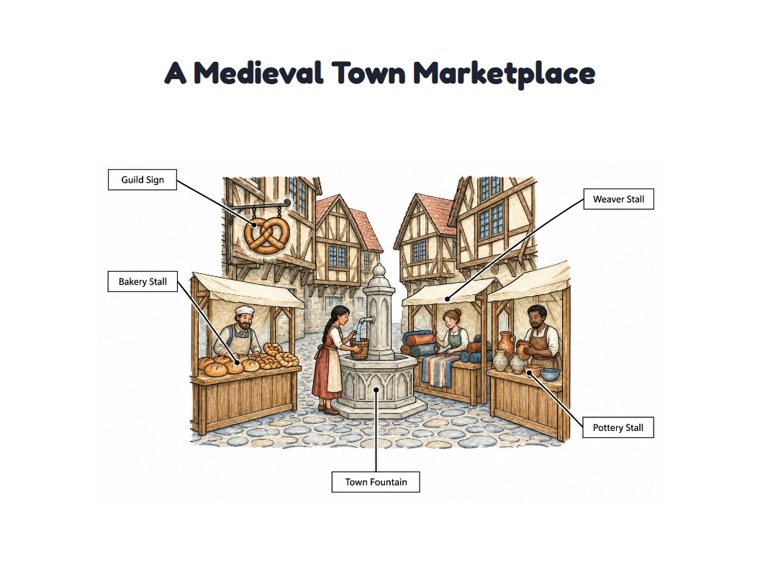 A Medieval Town Marketplace worksheet (Hard, Grades 3–4)