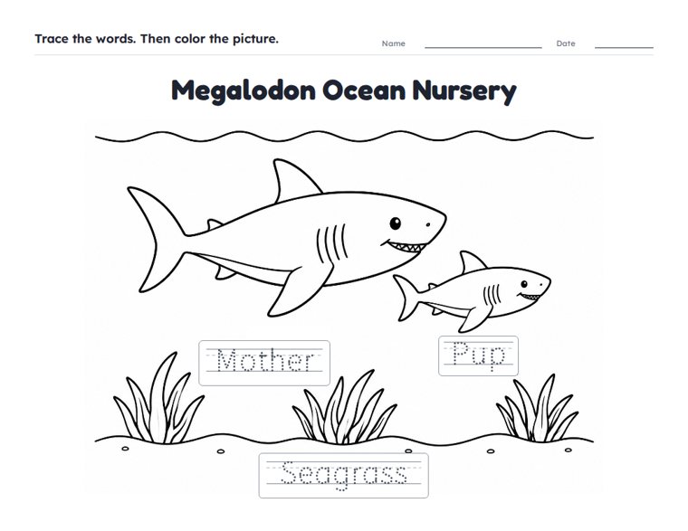 Megalodon Ocean Nursery worksheet (Easy, Pre-K–K)
