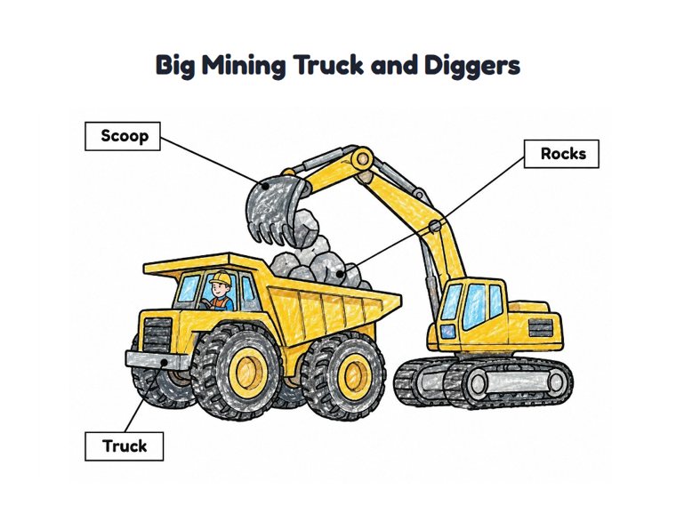 Big Mining Truck and Diggers worksheet (Easy, Pre-K–K)