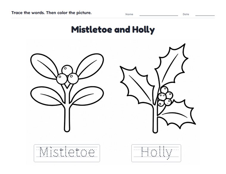 Mistletoe and Holly worksheet (Easy, Pre-K–K)