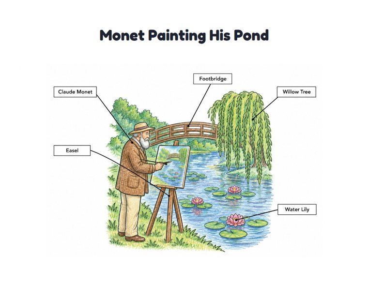 Monet Painting His Pond worksheet (Medium, Grades 1–2)