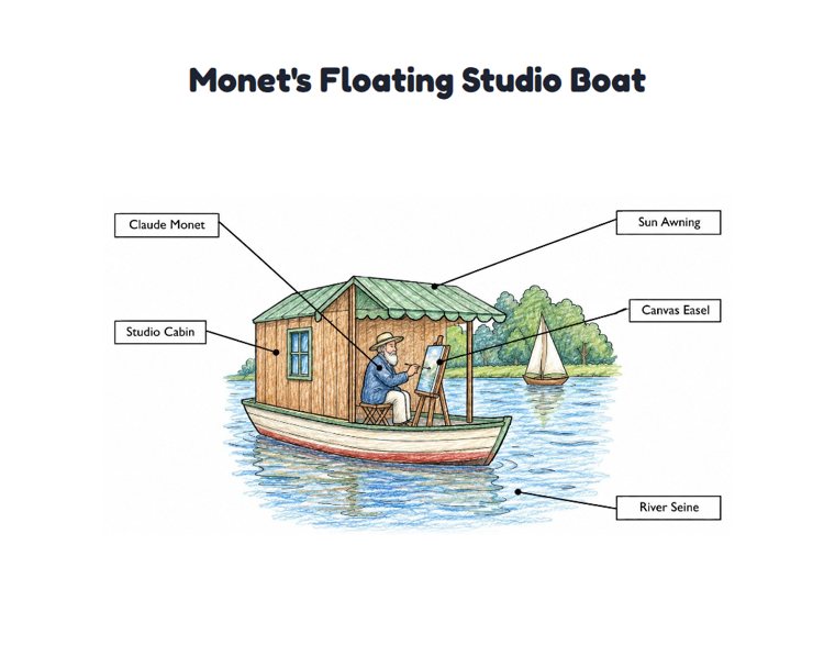 Monet's Floating Studio Boat worksheet (Medium, Grades 1–2)