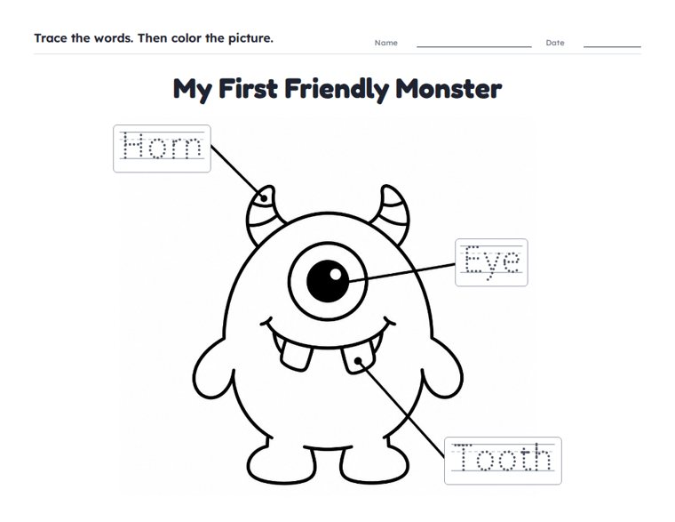 My First Friendly Monster worksheet (Easy, Pre-K–K)