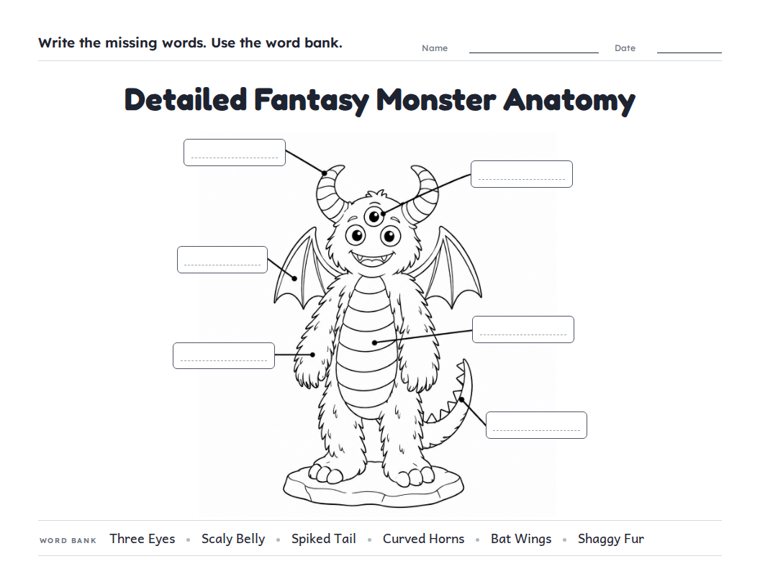 Detailed Fantasy Monster Anatomy worksheet (Hard, Grades 3–4)