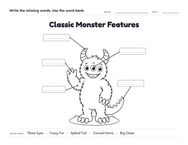 Classic Monster Features worksheet (Medium, Grades 1–2)