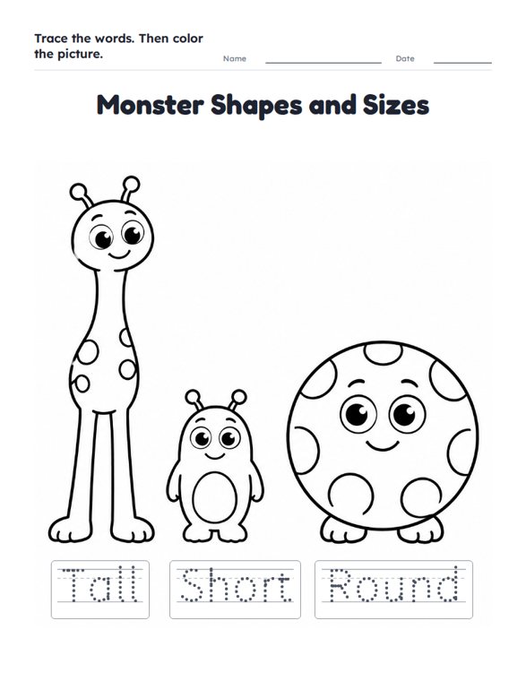 Monster Shapes and Sizes worksheet (Easy, Pre-K–K)