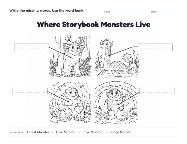 Where Storybook Monsters Live worksheet (Hard, Grades 3–4)