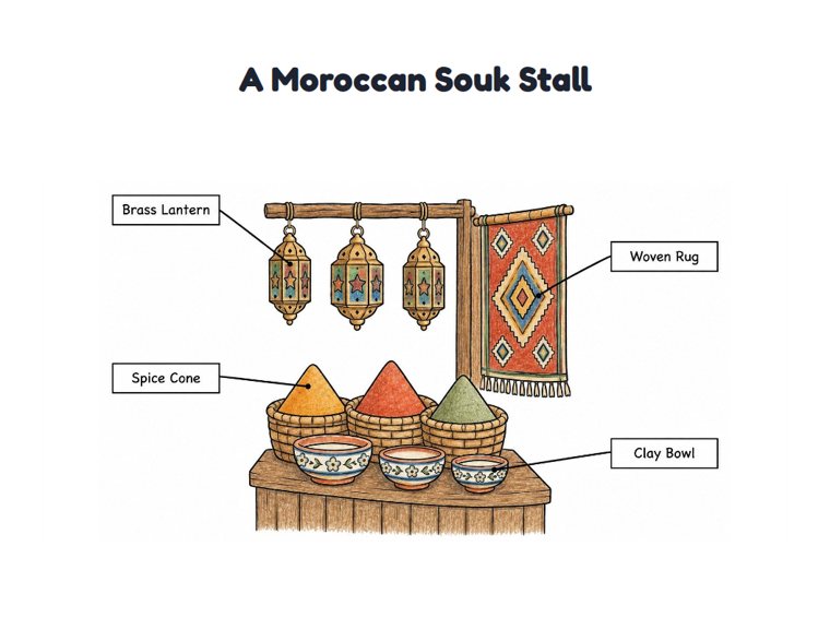 A Moroccan Souk Stall worksheet (Medium, Grades 1–2)