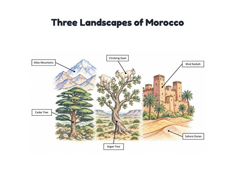 Three Landscapes of Morocco worksheet (Hard, Grades 3–4)