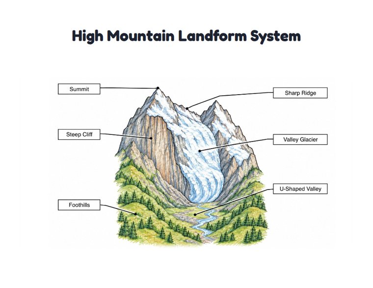 High Mountain Landform System worksheet (Hard, Grades 3–4)
