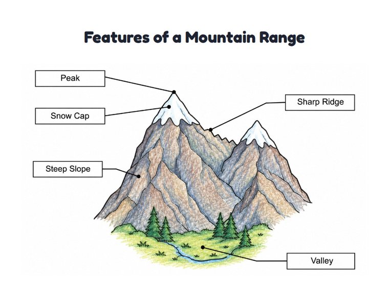 Features of a Mountain Range worksheet (Medium, Grades 1–2)