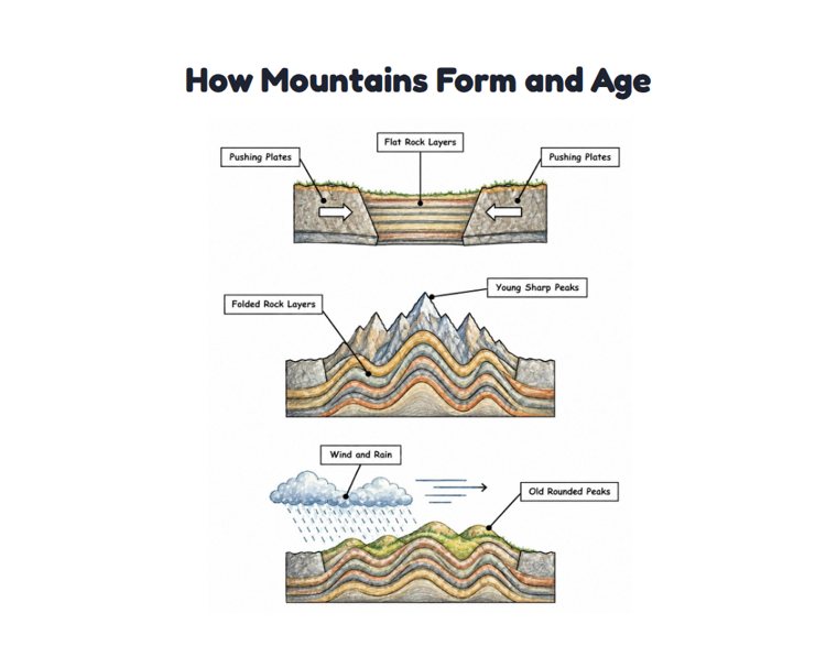How Mountains Form and Age worksheet (Hard, Grades 3–4)