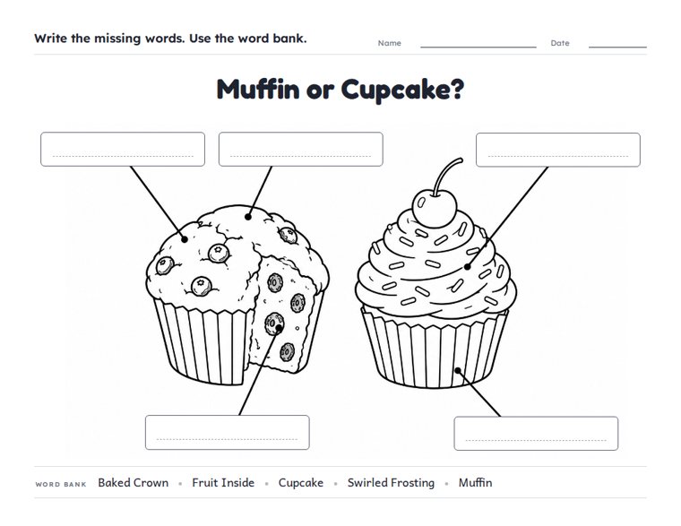 Muffin or Cupcake? worksheet (Medium, Grades 1–2)