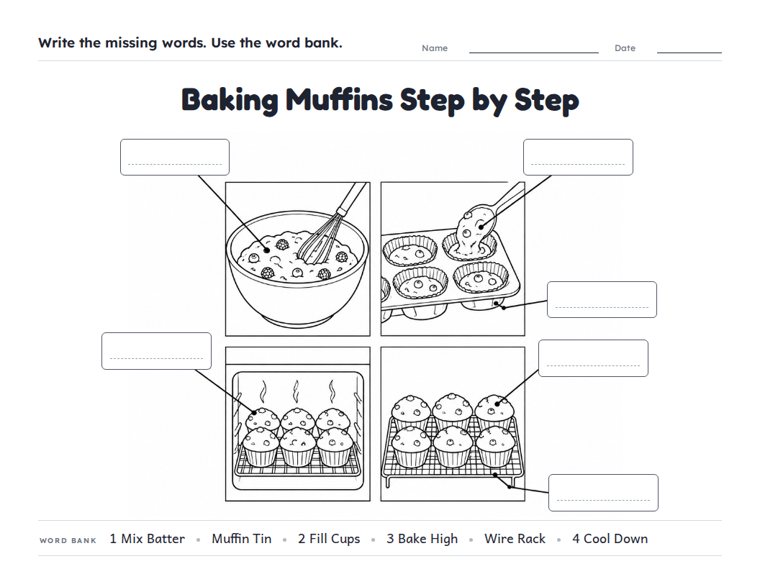 Baking Muffins Step by Step worksheet (Hard, Grades 3–4)