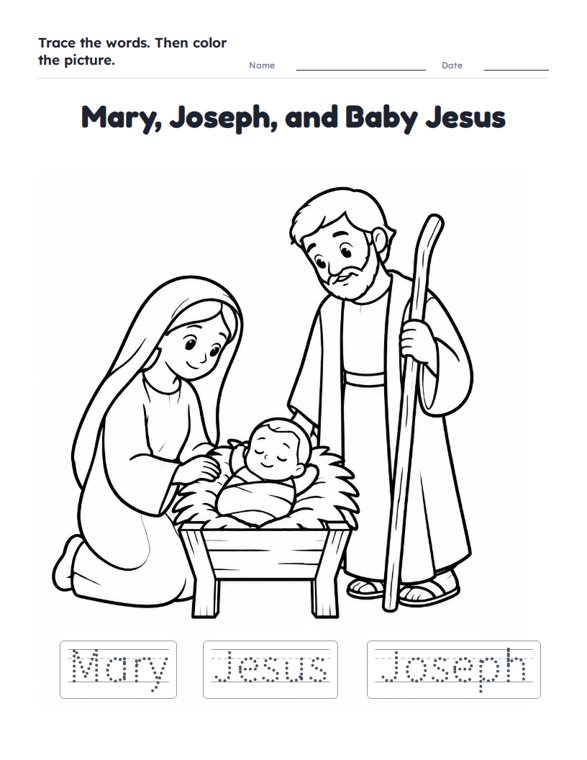 Mary, Joseph, and Baby Jesus worksheet (Easy, Pre-K–K)
