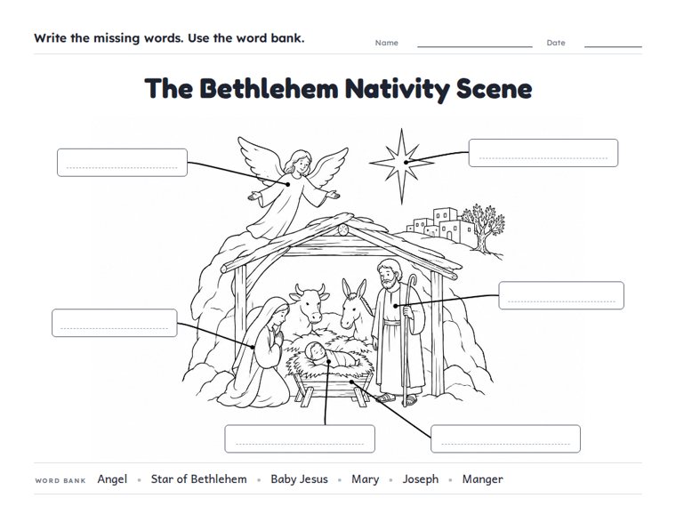 The Bethlehem Nativity Scene worksheet (Hard, Grades 3–4)