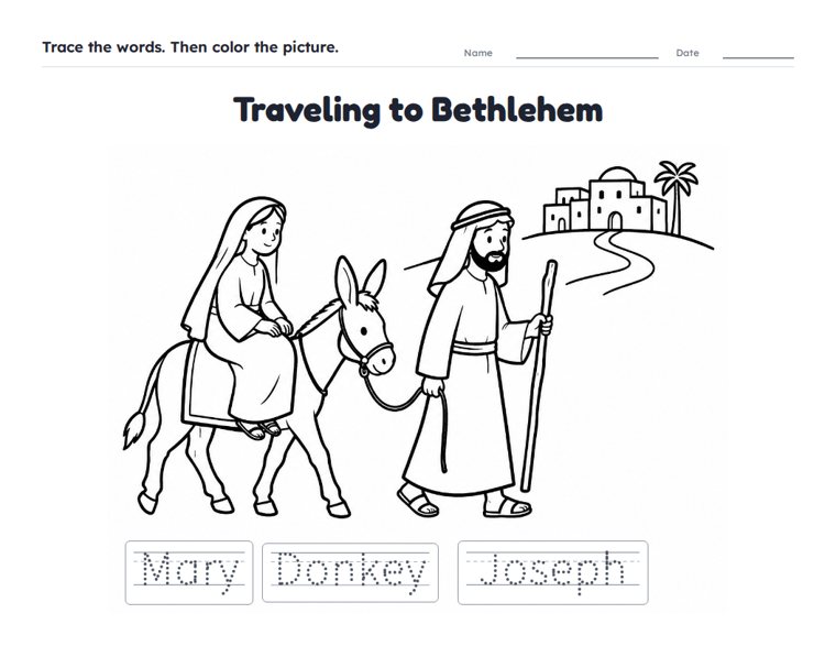 Traveling to Bethlehem worksheet (Easy, Pre-K–K)
