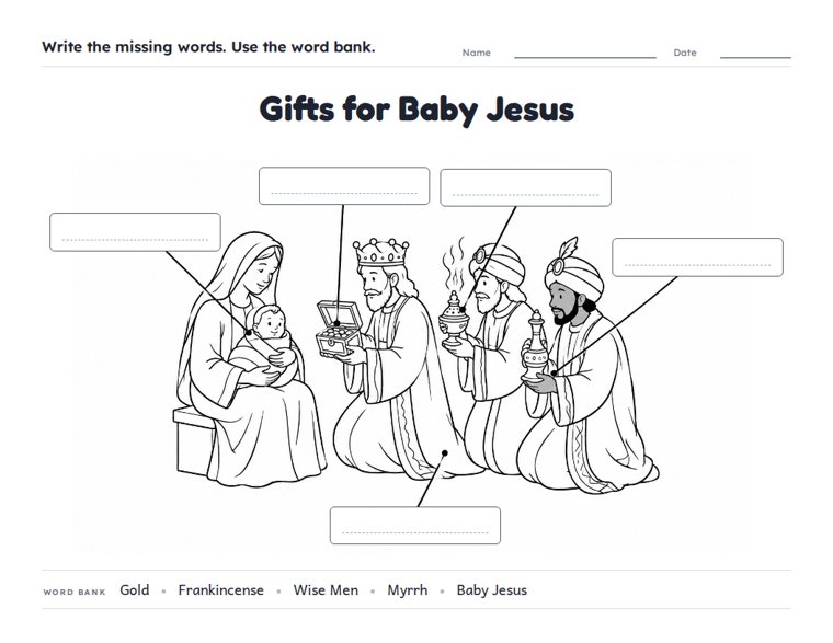 Gifts for Baby Jesus worksheet (Medium, Grades 1–2)
