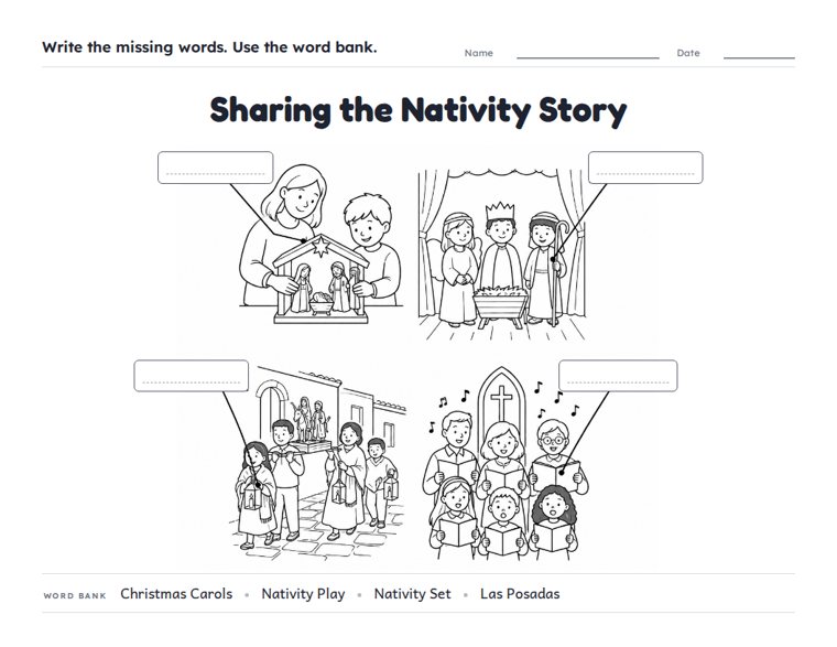 Sharing the Nativity Story worksheet (Hard, Grades 3–4)