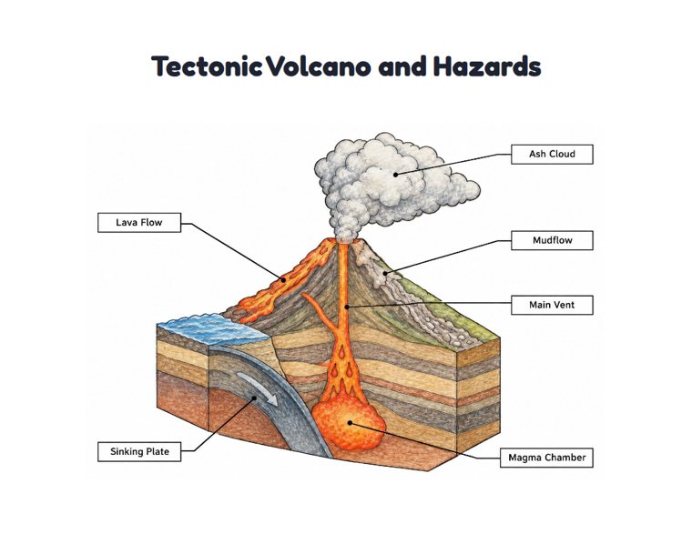 Tectonic Volcano and Hazards worksheet (Hard, Grades 3–4)