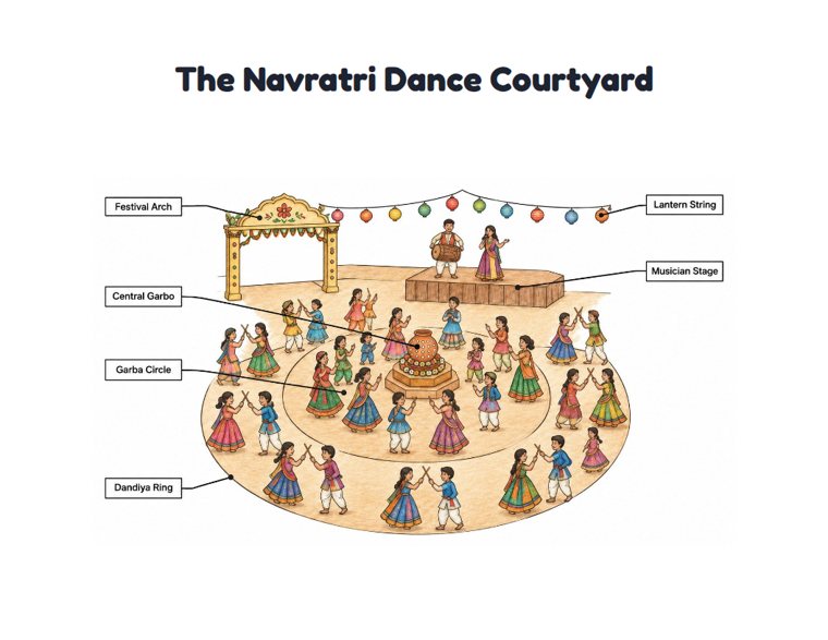 The Navratri Dance Courtyard worksheet (Hard, Grades 3–4)