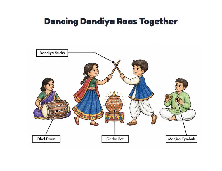 Dancing Dandiya Raas Together worksheet (Medium, Grades 1–2)