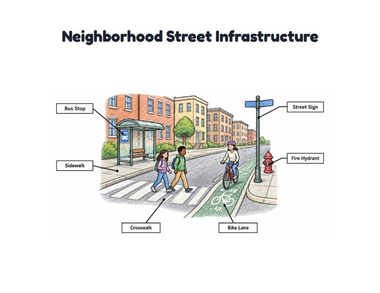 Neighborhood Street Infrastructure worksheet (Hard, Grades 3–4)