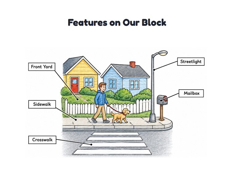 Features on Our Block worksheet (Medium, Grades 1–2)