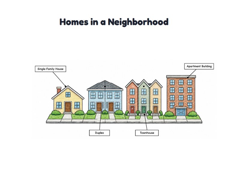 Homes in a Neighborhood worksheet (Medium, Grades 1–2)